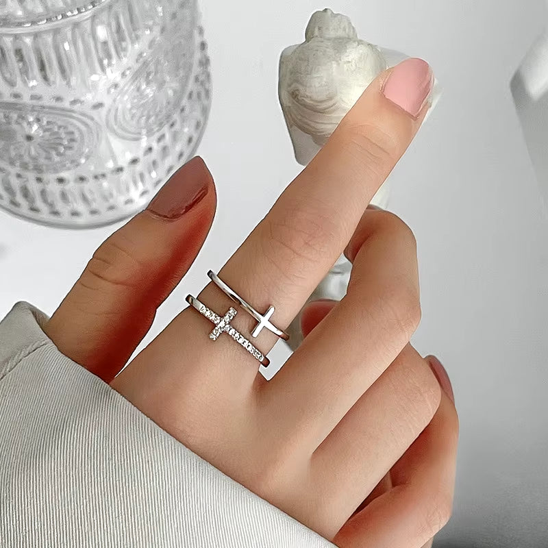 Fashion Double-Layer Cross Zircon Ring for Women Gold Silver Color Adjustable Finger Rings Bling Korean Elegant Jewelry Gift