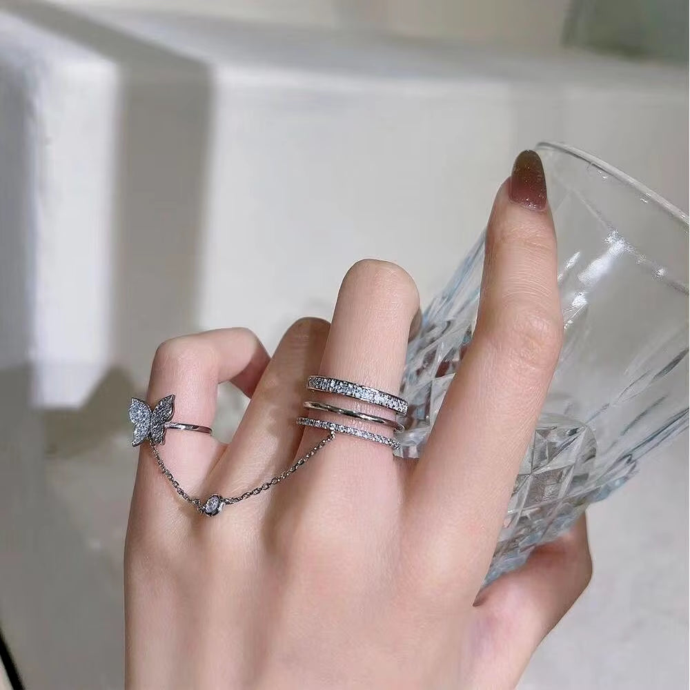 Fashion Double-Layer Cross Zircon Ring for Women Gold Silver Color Adjustable Finger Rings Bling Korean Elegant Jewelry Gift