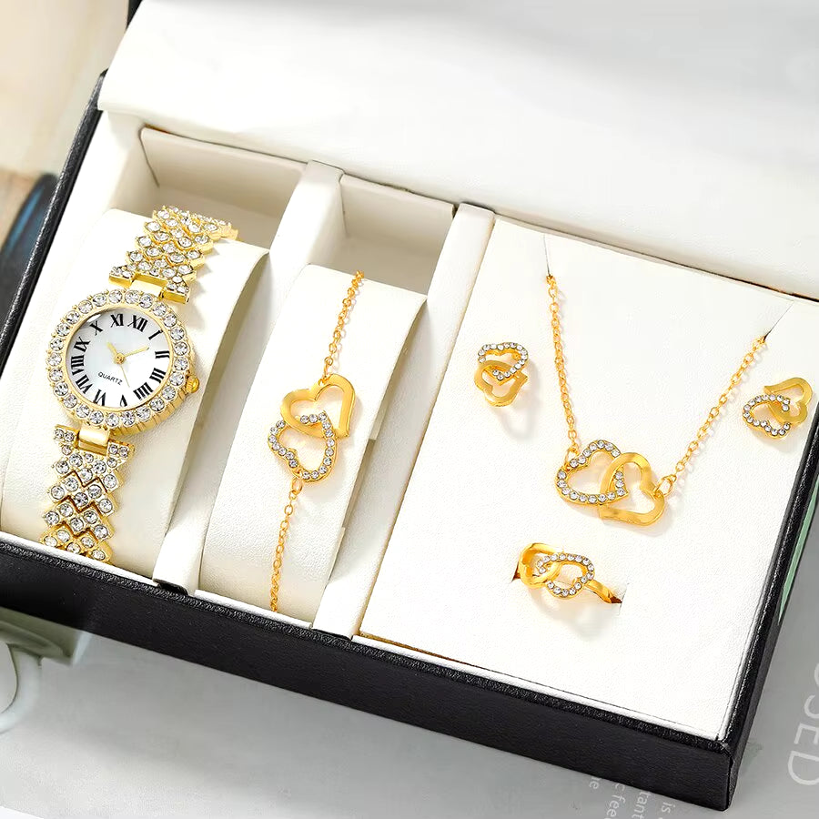 6Pc Dainty Quartz Watch with Heart Jewelry Set for Women Rhinestone Watch Double Heart Necklace Bracelet Earrings Ring Set