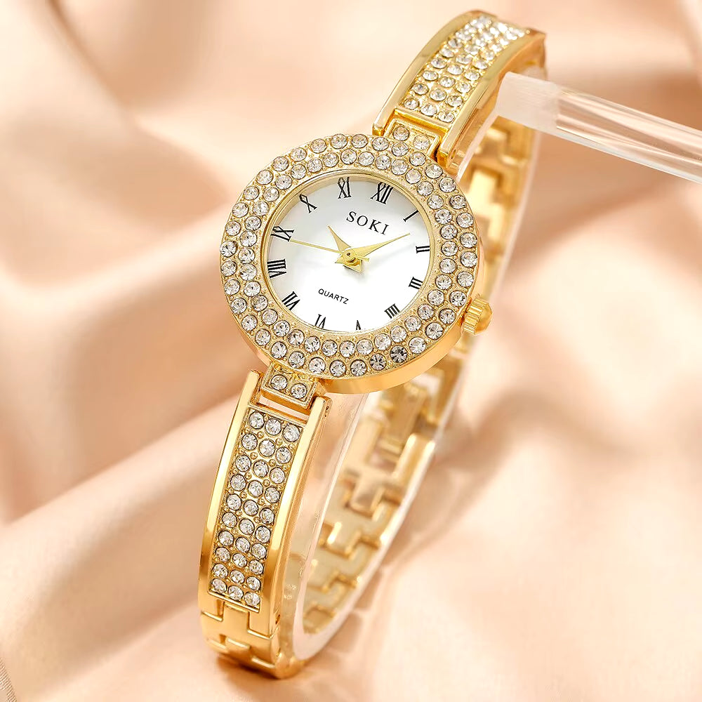 5Pcs Dainty Quartz Watch with Jewelry Set Fashion round Women Watch Rhinestone Necklace Earrings Ring Set