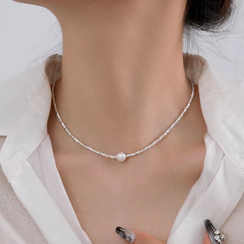 Natural Freshwater Pearls 8-9Mm round Bead Fragmented Silver Necklace 925 Sterling Silver Fashion Elegant Jewelry Gift for Women