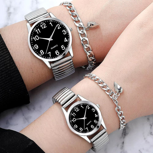 4Pcs Silver Couple Quartz Watch Magnetic Heart Bracelet for Couple Fashion Creative Leisure round Watch Dial Dainty Bracelet Set