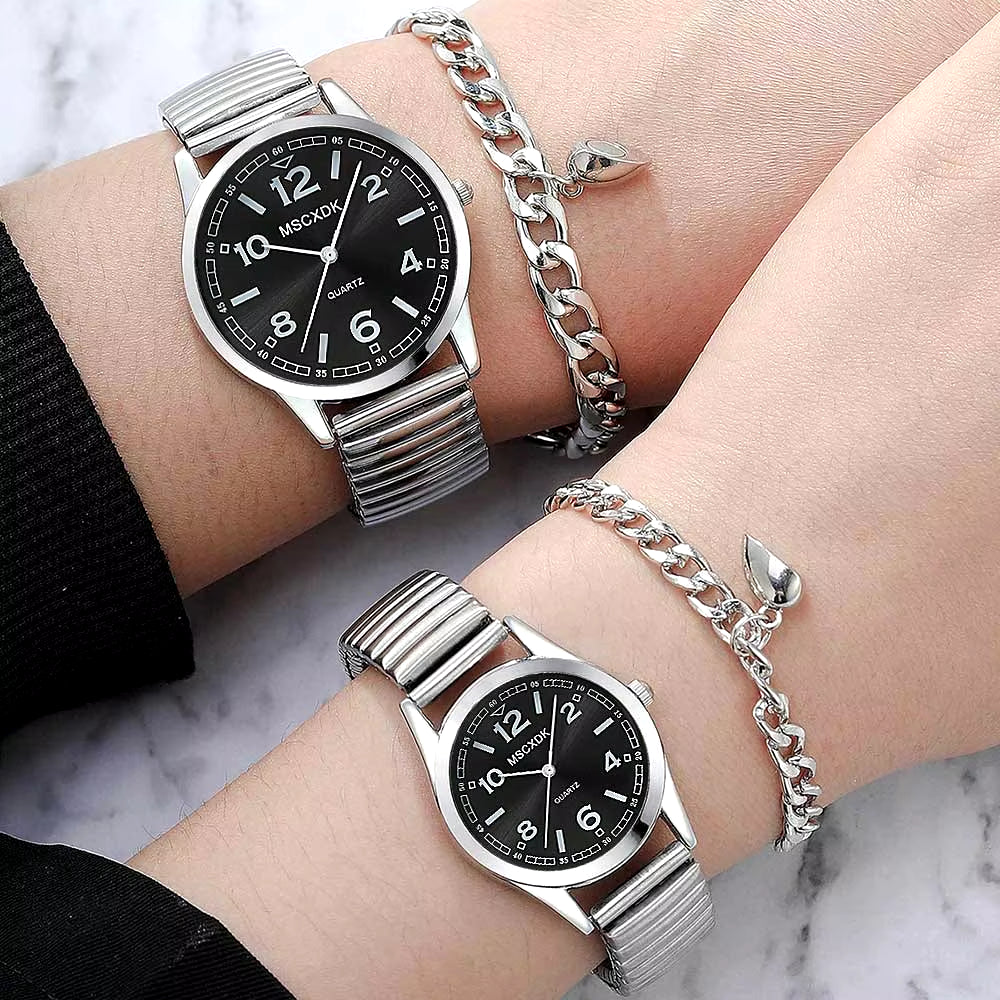 4Pcs Silver Couple Quartz Watch Magnetic Heart Bracelet for Couple Fashion Creative Leisure round Watch Dial Dainty Bracelet Set