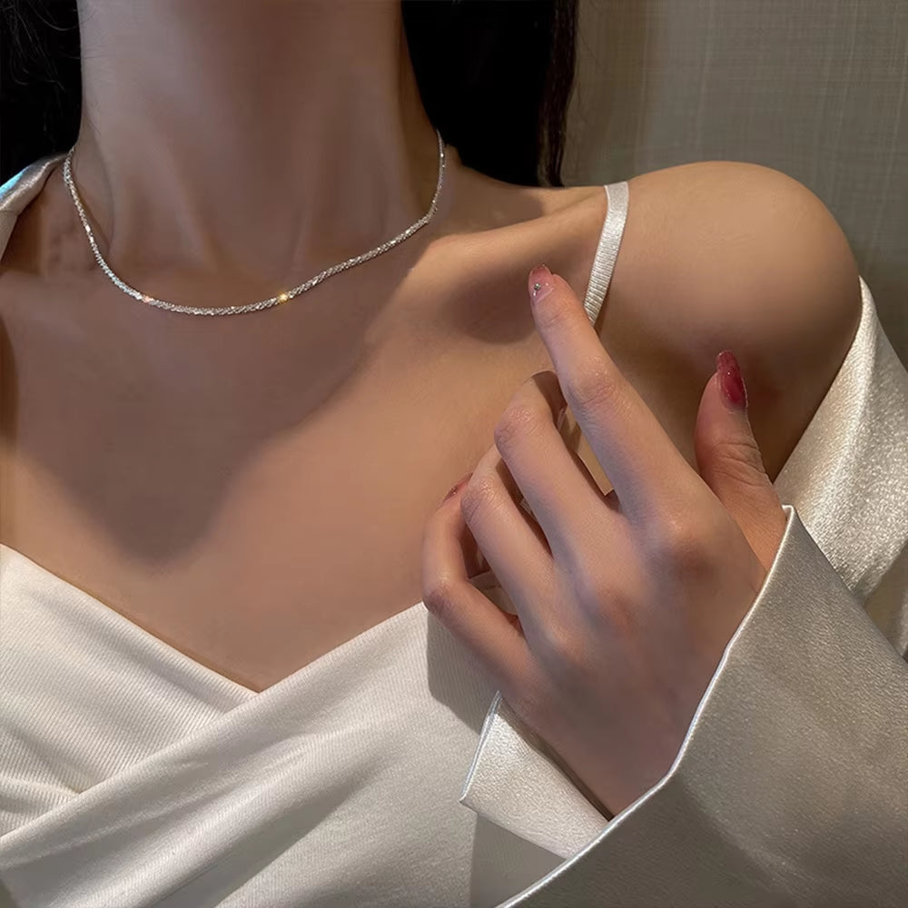 2Pcs Set Shiny Sparkling Silver Plated Clavicle Chain Necklace Bracelet Jewelry Set for Women Minimalist Starry Sky Accessories