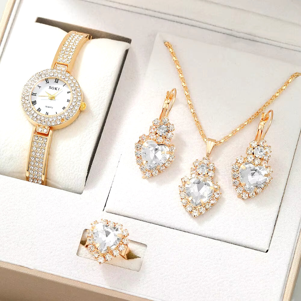 5Pcs Dainty Quartz Watch with Jewelry Set Fashion round Women Watch Rhinestone Necklace Earrings Ring Set