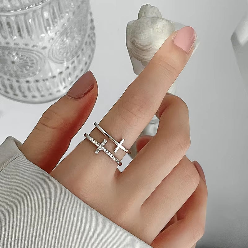 Fashion Double-Layer Cross Zircon Ring for Women Gold Silver Color Adjustable Finger Rings Bling Korean Elegant Jewelry Gift