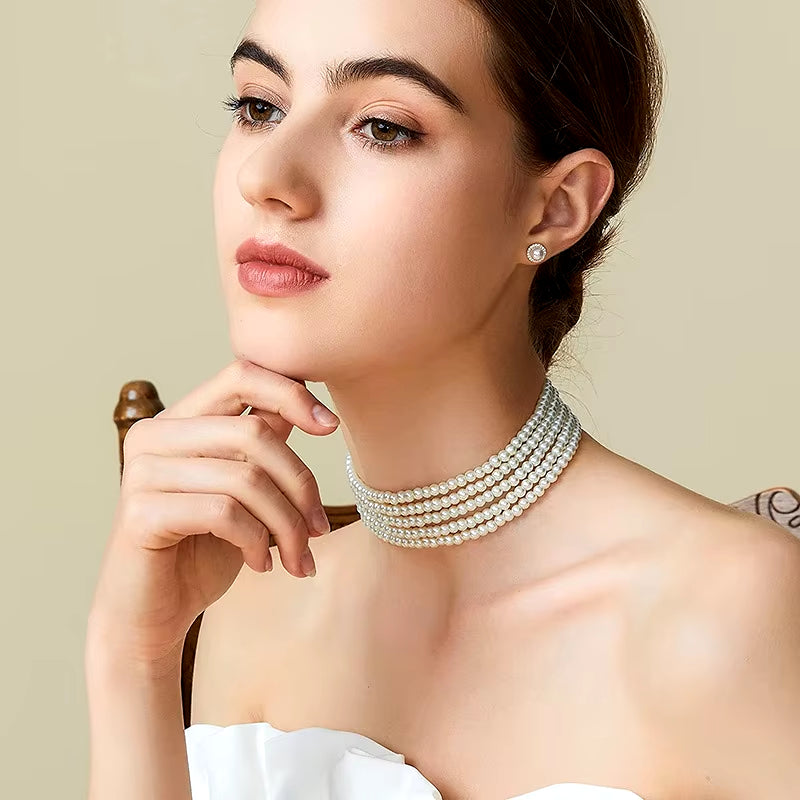 Trend Elegant Jewelry Wedding Pearl Necklace for Women Fashion Multilayer Imitation Pearl Chain Choker Necklace Jewelry Gift