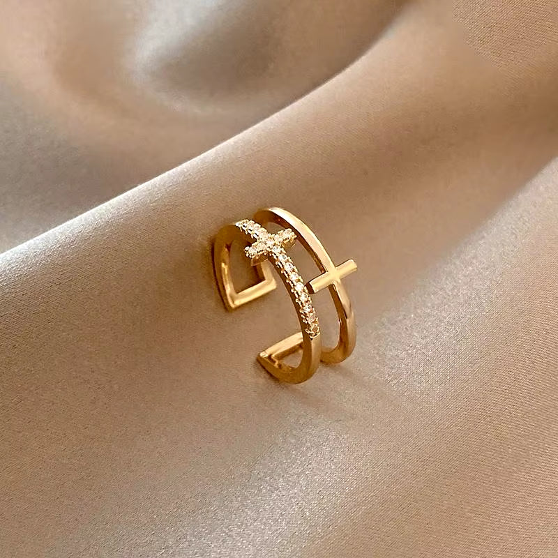 Fashion Double-Layer Cross Zircon Ring for Women Gold Silver Color Adjustable Finger Rings Bling Korean Elegant Jewelry Gift