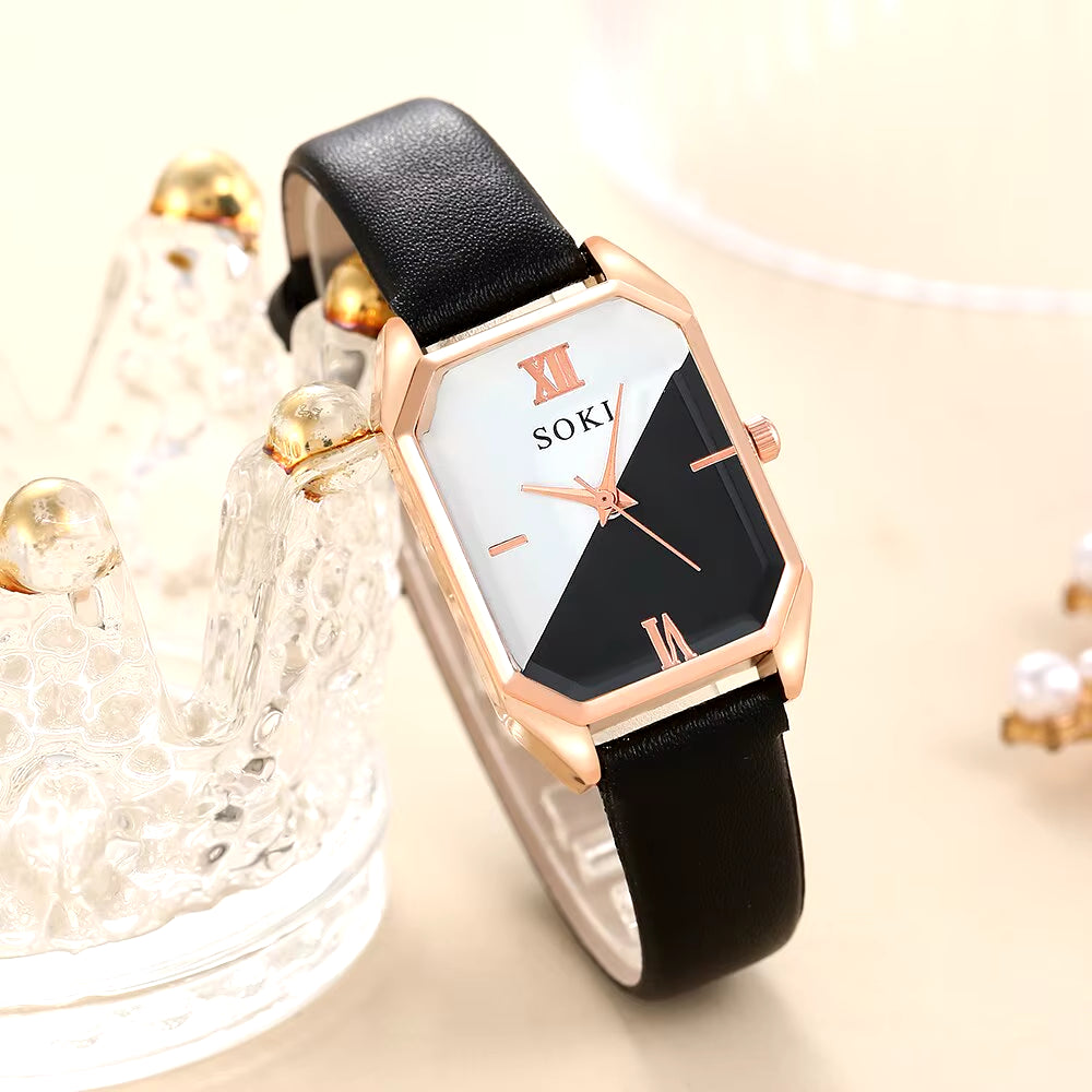 6Pcs Square Quartz Watch Dainty Bracelets Set Women Black White Watch Dial Leather Strap Heart Leaf Infinity Bracelets Set