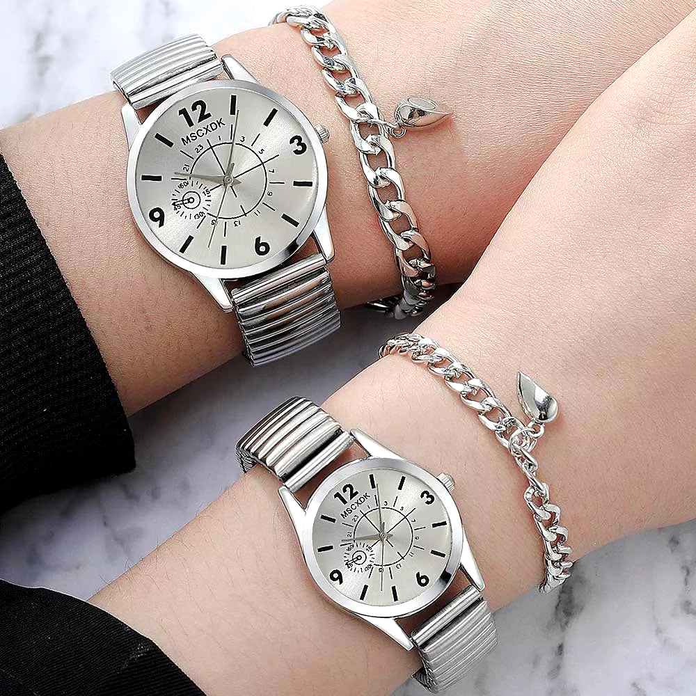 4Pcs Silver Couple Quartz Watch Magnetic Heart Bracelet for Couple Fashion Creative Leisure round Watch Dial Dainty Bracelet Set