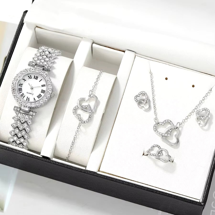 6Pc Dainty Quartz Watch with Heart Jewelry Set for Women Rhinestone Watch Double Heart Necklace Bracelet Earrings Ring Set