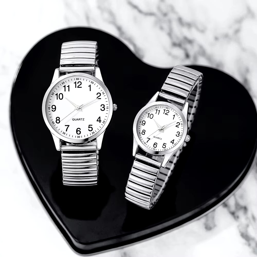 4Pcs Silver Couple Quartz Watch Magnetic Heart Bracelet for Couple Fashion Creative Leisure round Watch Dial Dainty Bracelet Set