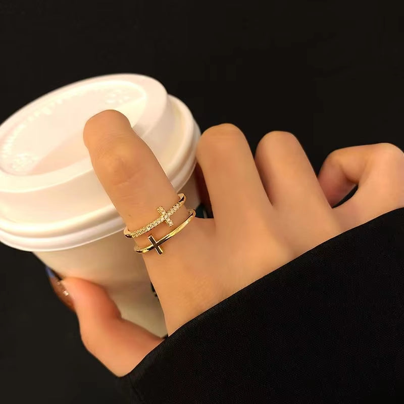 Fashion Double-Layer Cross Zircon Ring for Women Gold Silver Color Adjustable Finger Rings Bling Korean Elegant Jewelry Gift