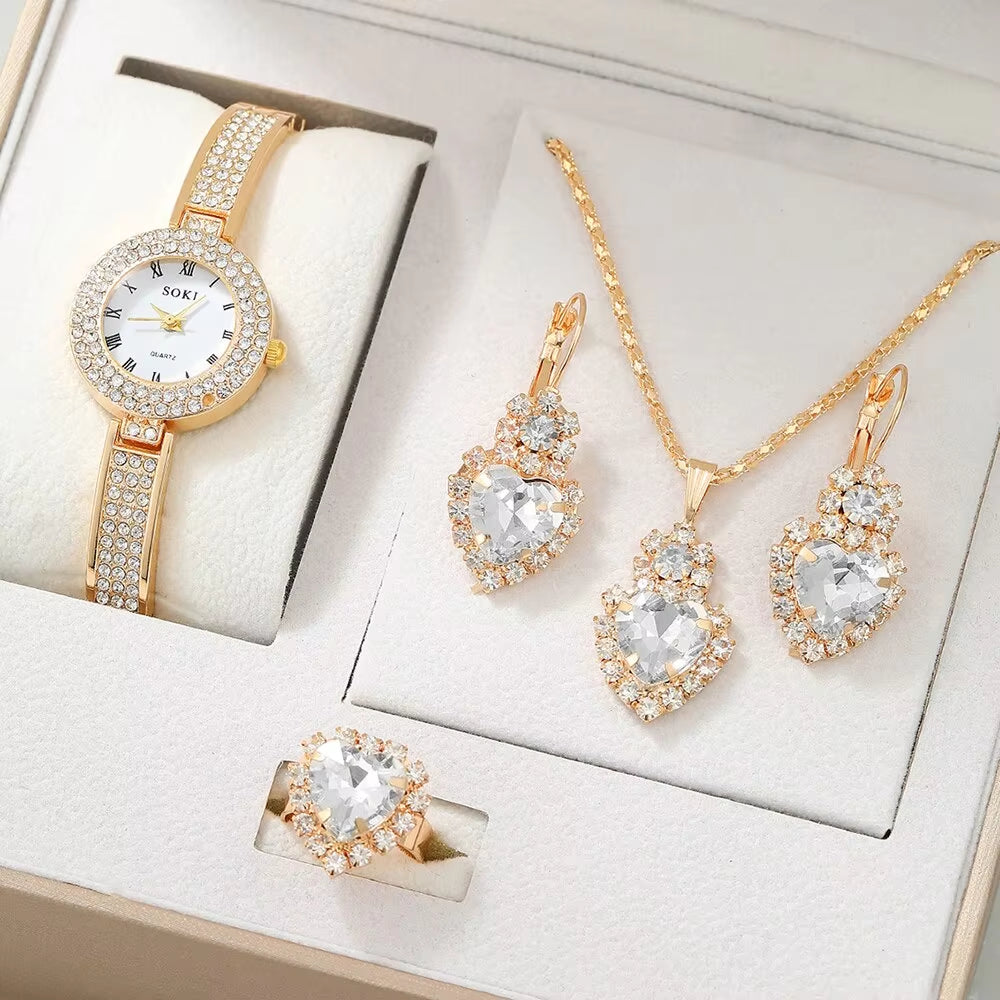 5Pcs Dainty Quartz Watch with Jewelry Set Fashion round Women Watch Rhinestone Necklace Earrings Ring Set