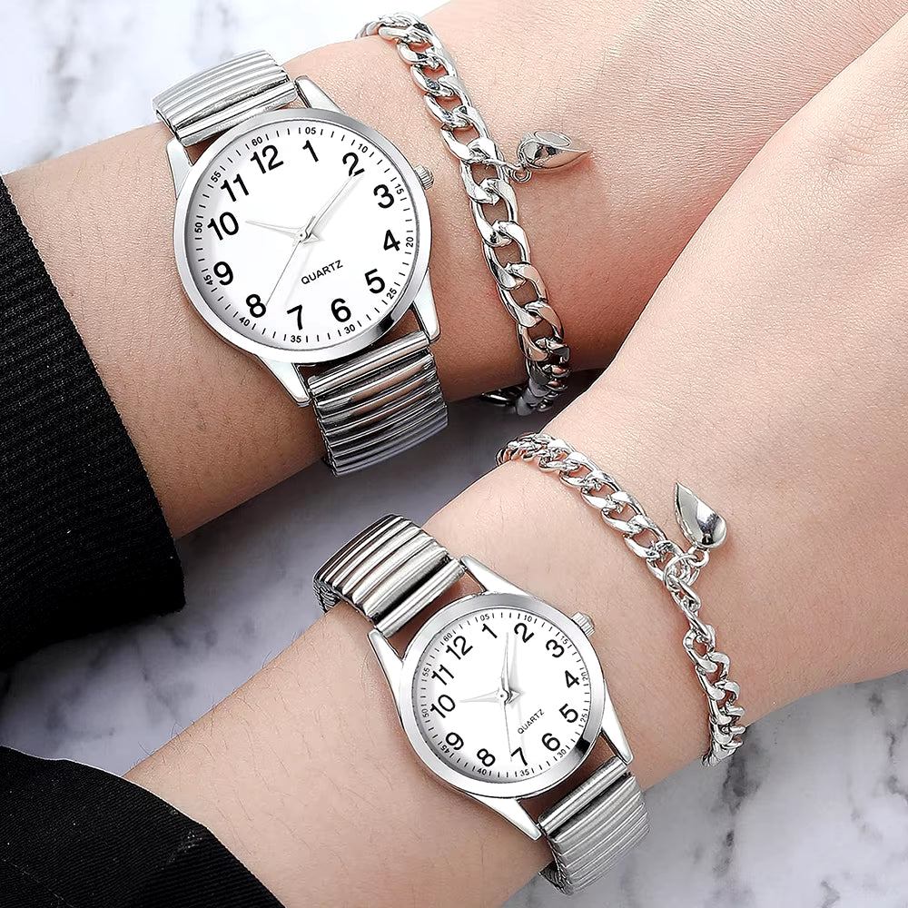 4Pcs Silver Couple Quartz Watch Magnetic Heart Bracelet for Couple Fashion Creative Leisure round Watch Dial Dainty Bracelet Set