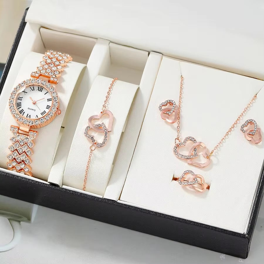 6Pc Dainty Quartz Watch with Heart Jewelry Set for Women Rhinestone Watch Double Heart Necklace Bracelet Earrings Ring Set